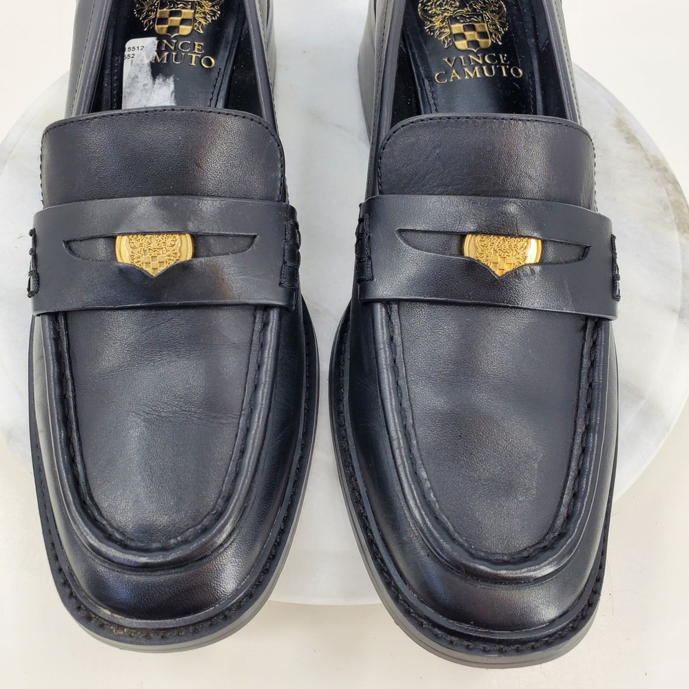 Vince Camuto Erinesa Black Leather Block Heel Penny Loafers Gold Crest Chubky - Picture 9 of 11